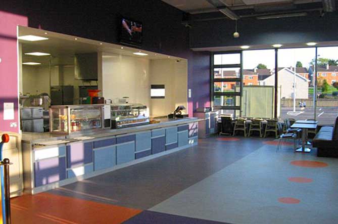 Wide interior view of the dining bar area. 